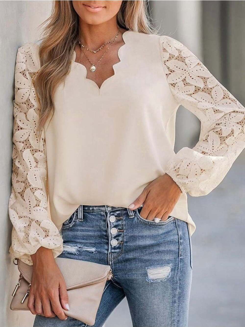 Women Lace Elegant Blouse Long Sleeve Eyelet Size  M